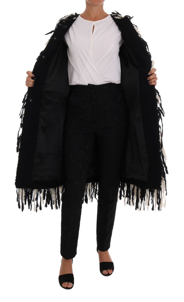 Black and White Fringed Wool Coat Jacket Dolce & Gabbana