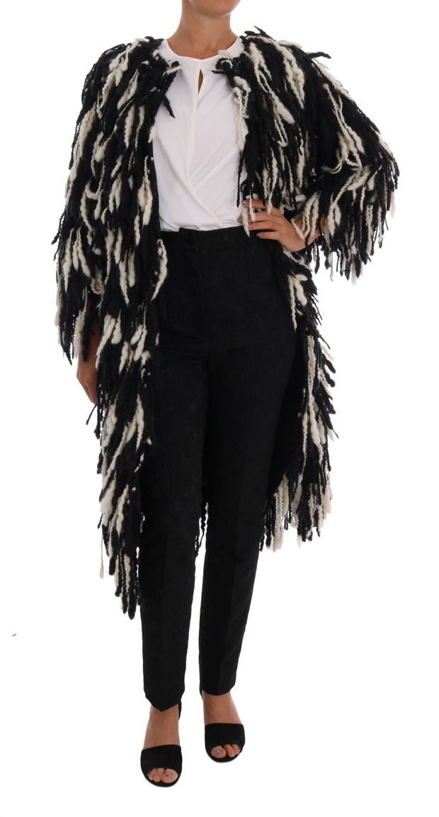 Black and White Fringed Wool Coat Jacket Dolce & Gabbana