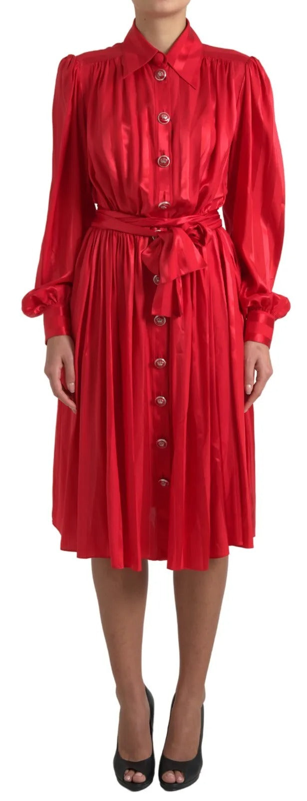 Elegant Red Silk Midi Dress with Button Detail Dolce & Gabbana