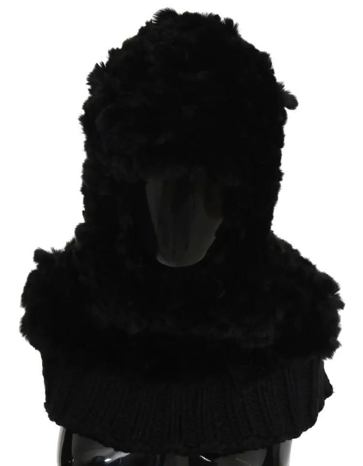 Black Silver Fox Fur Cashmere Hooded Scarf Dolce & Gabbana