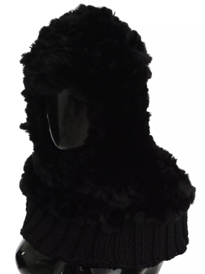 Black Silver Fox Fur Cashmere Hooded Scarf Dolce & Gabbana