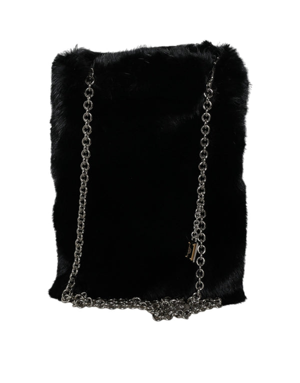 Black Faux Fur Silver Chain Crossbody Shoulder Purse Bag Dolce & Gabbana