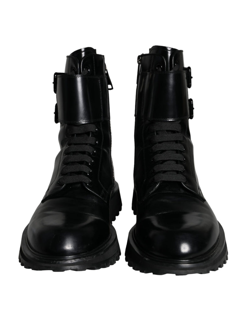 Black Leather Lace Up Men Mid Calf Boots Shoes Dolce & Gabbana