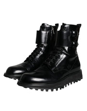 Black Leather Lace Up Men Mid Calf Boots Shoes Dolce & Gabbana