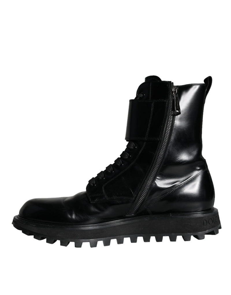 Black Leather Lace Up Men Mid Calf Boots Shoes Dolce & Gabbana