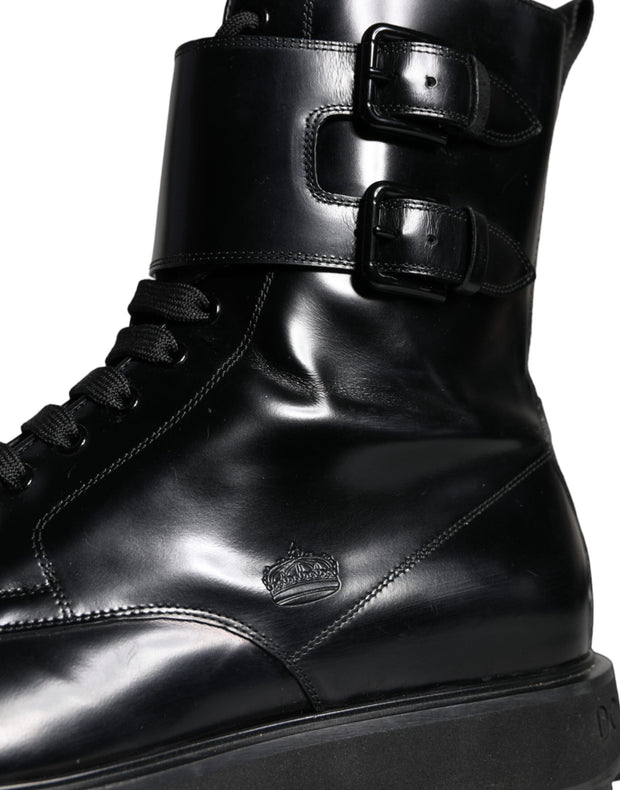 Black Leather Lace Up Men Mid Calf Boots Shoes Dolce & Gabbana