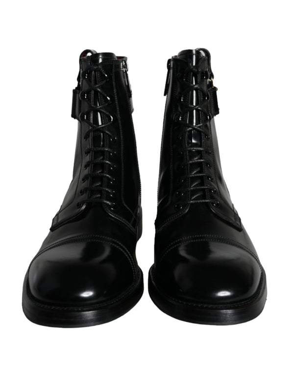 Black Logo Lace Up Mid Calf Men Boots Shoes Dolce & Gabbana