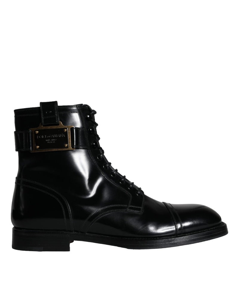 Black Logo Lace Up Mid Calf Men Boots Shoes Dolce & Gabbana