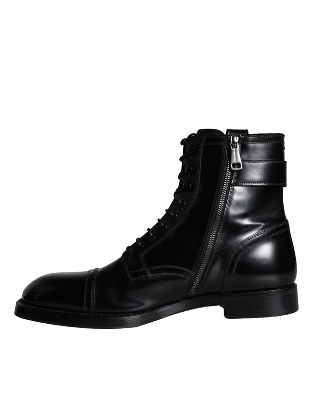 Black Logo Lace Up Mid Calf Men Boots Shoes Dolce & Gabbana