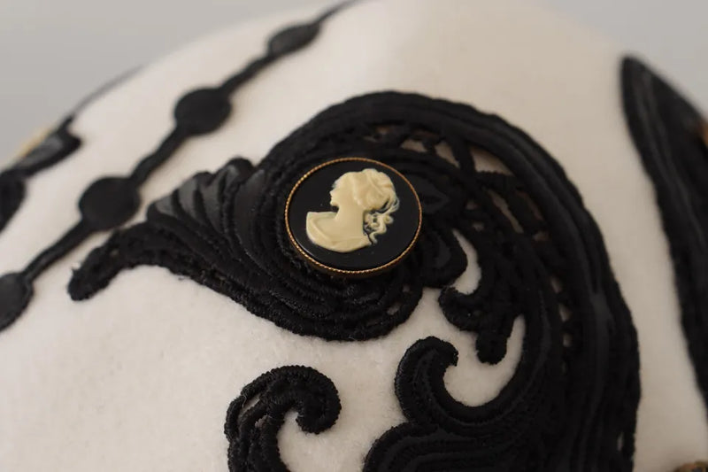 White Black Wool Embroidered Cameo Brooch Hat Dolce & Gabbana