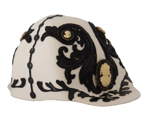 White Black Wool Embroidered Cameo Brooch Hat Dolce & Gabbana