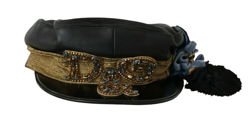 Black Leather Crystal Beads Gold Ribbon Fiddler Cap Dolce & Gabbana