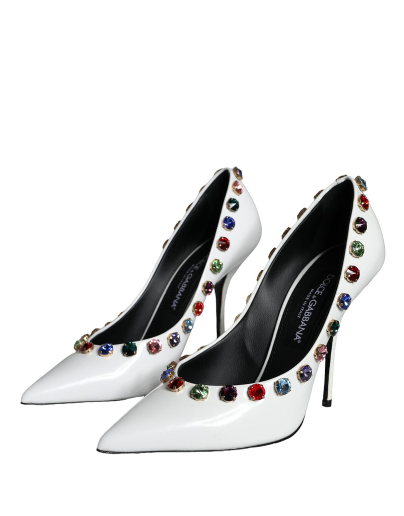 White Crystal Leather High Heels Pumps Shoes Dolce & Gabbana