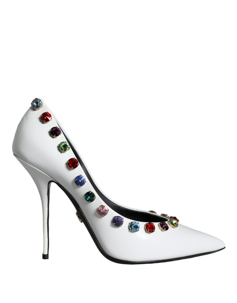 White Crystal Leather High Heels Pumps Shoes Dolce & Gabbana