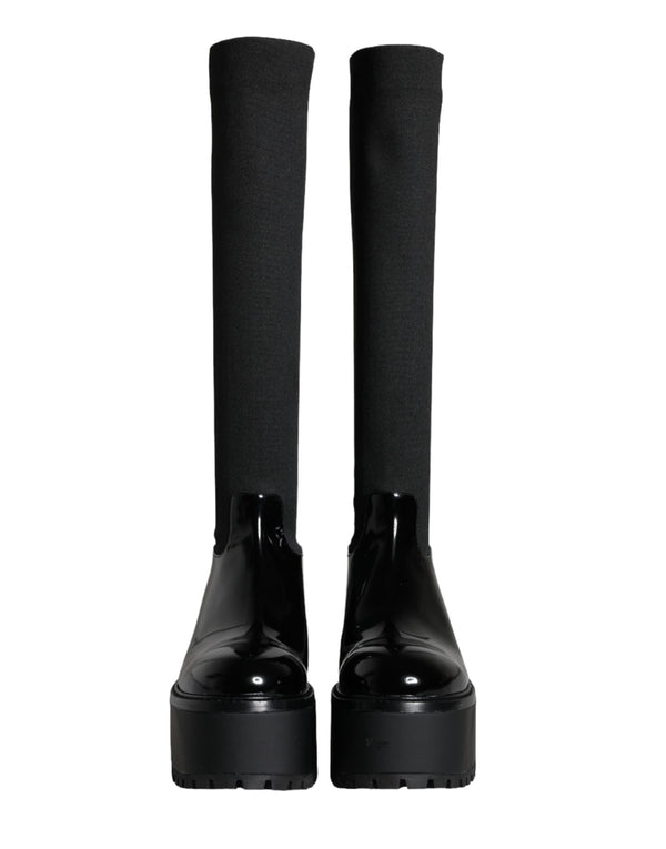 Black Leather Jersey Knee High Boots Shoes Dolce & Gabbana