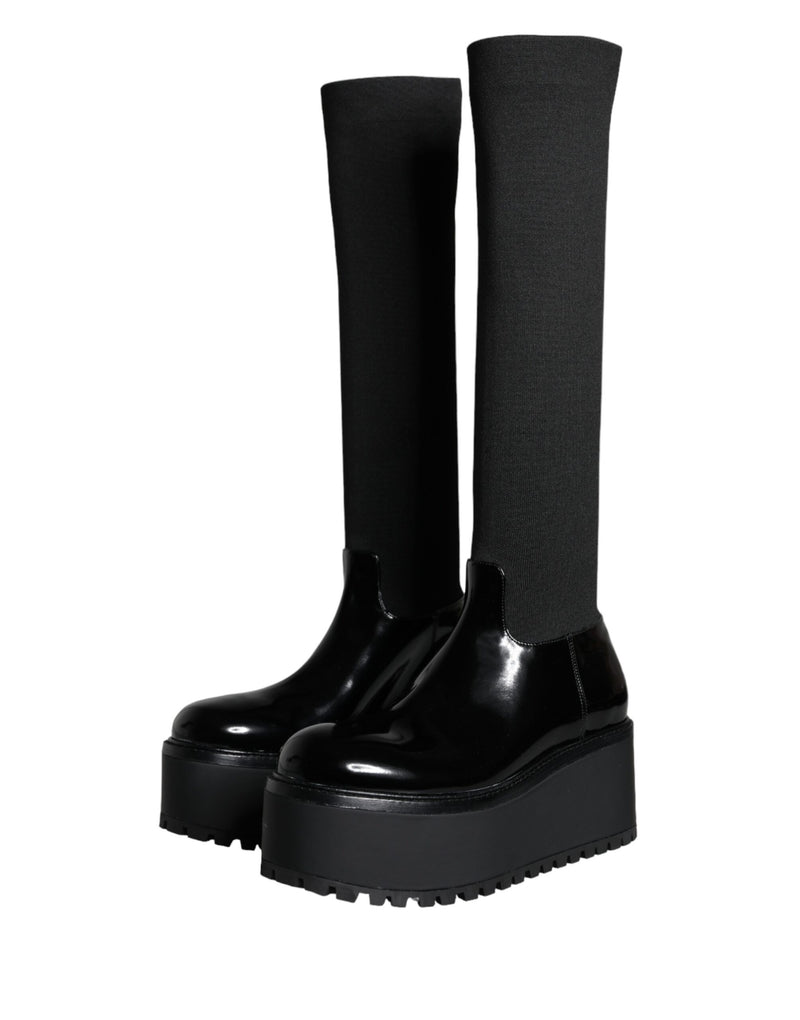 Black Leather Jersey Knee High Boots Shoes Dolce & Gabbana