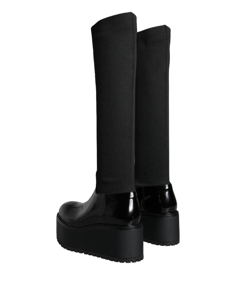 Black Leather Jersey Knee High Boots Shoes Dolce & Gabbana