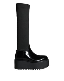 Black Leather Jersey Knee High Boots Shoes Dolce & Gabbana