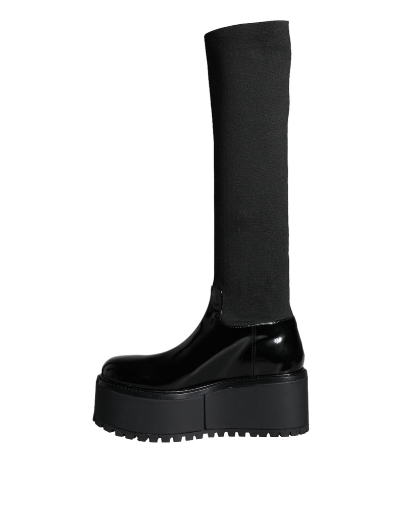 Black Leather Jersey Knee High Boots Shoes Dolce & Gabbana