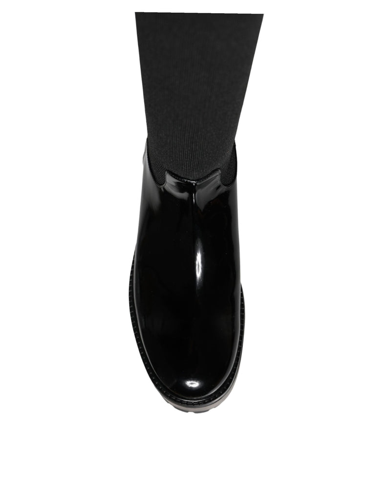 Black Leather Jersey Knee High Boots Shoes Dolce & Gabbana