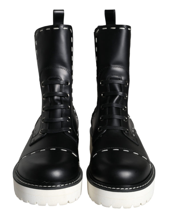 Black Leather Combat Mid Calf Boots Shoes Dolce & Gabbana