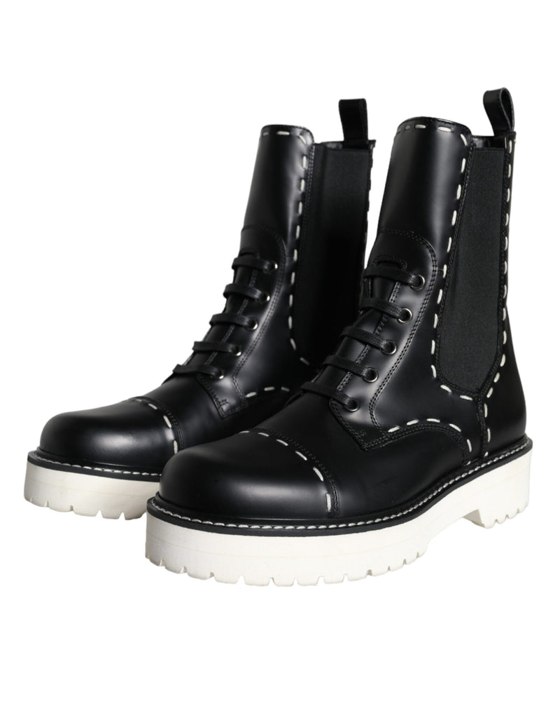 Black Leather Combat Mid Calf Boots Shoes Dolce & Gabbana