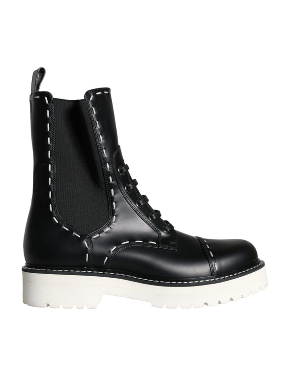 Black Leather Combat Mid Calf Boots Shoes Dolce & Gabbana