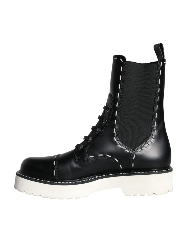 Black Leather Combat Mid Calf Boots Shoes Dolce & Gabbana