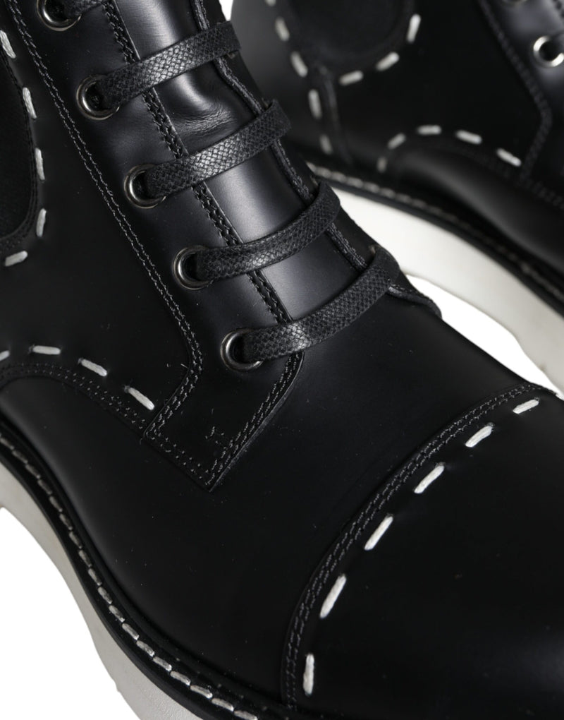 Black Leather Combat Mid Calf Boots Shoes Dolce & Gabbana