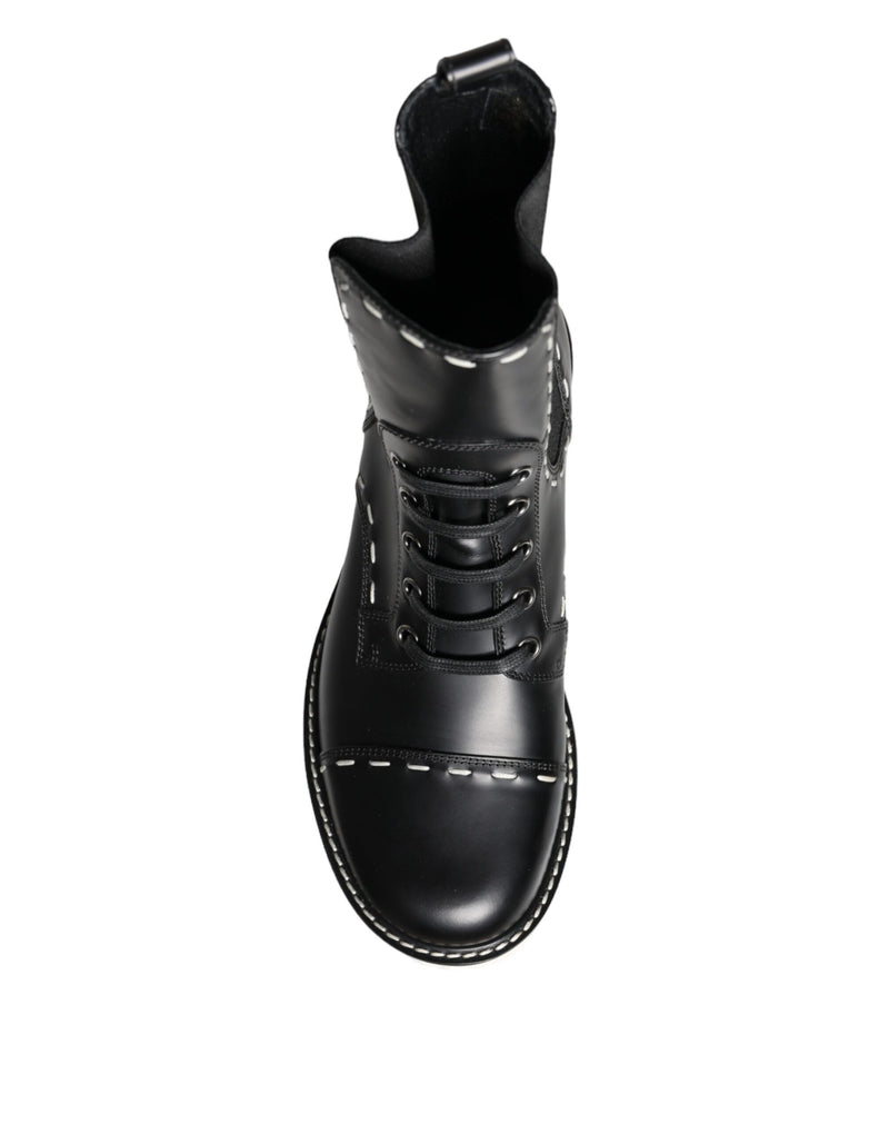 Black Leather Combat Mid Calf Boots Shoes Dolce & Gabbana