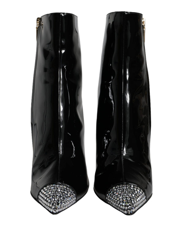 Black Patent Leather Crystal Heel Boots Shoes Dolce & Gabbana