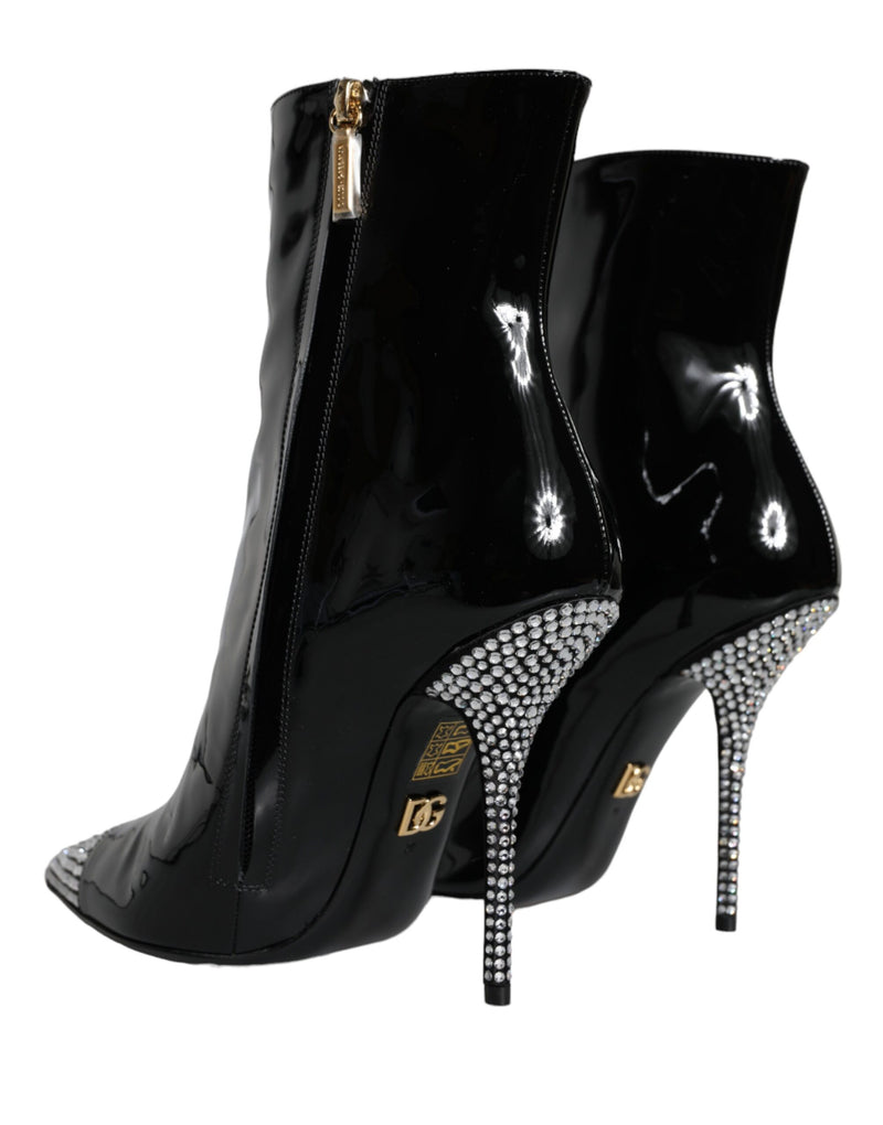 Black Patent Leather Crystal Heel Boots Shoes Dolce & Gabbana