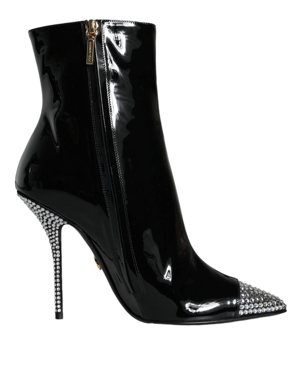 Black Patent Leather Crystal Heel Boots Shoes Dolce & Gabbana