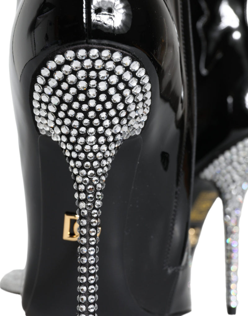 Black Patent Leather Crystal Heel Boots Shoes Dolce & Gabbana