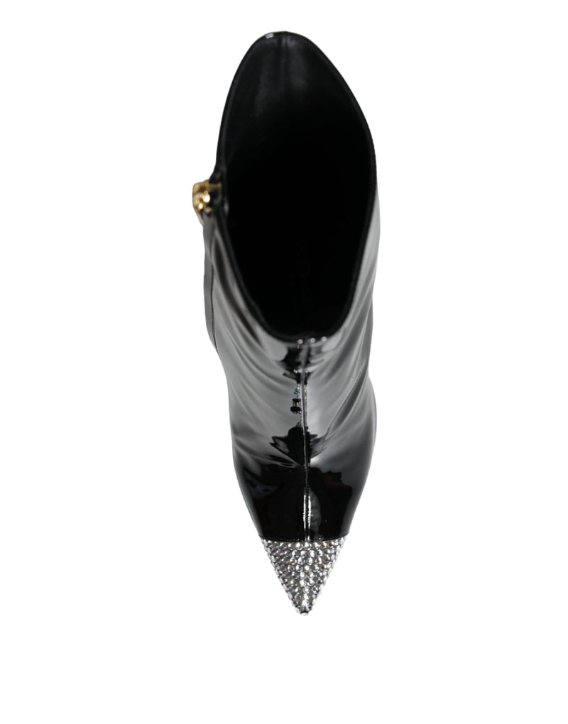 Black Patent Leather Crystal Heel Boots Shoes Dolce & Gabbana