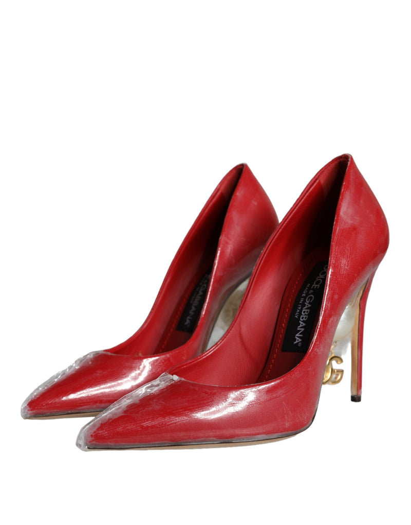 Red Patent Leather Faux Pearl Heels Pumps Shoes Dolce & Gabbana