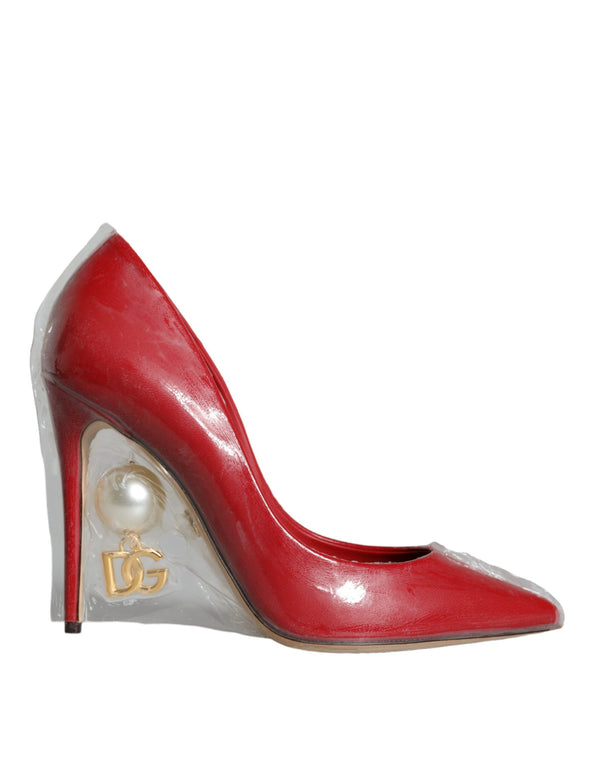 Red Patent Leather Faux Pearl Heels Pumps Shoes Dolce & Gabbana