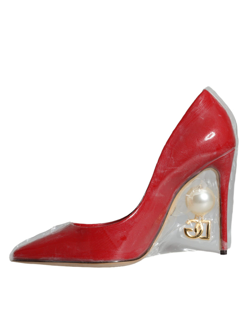 Red Patent Leather Faux Pearl Heels Pumps Shoes Dolce & Gabbana