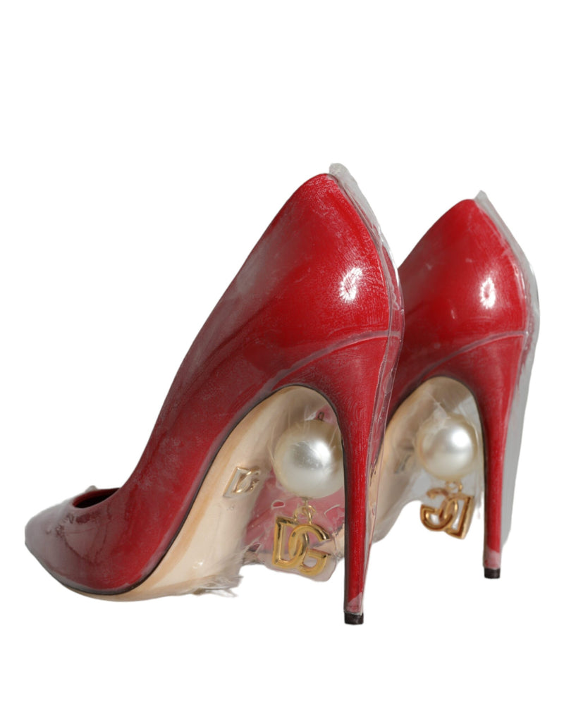 Red Patent Leather Faux Pearl Heels Pumps Shoes Dolce & Gabbana