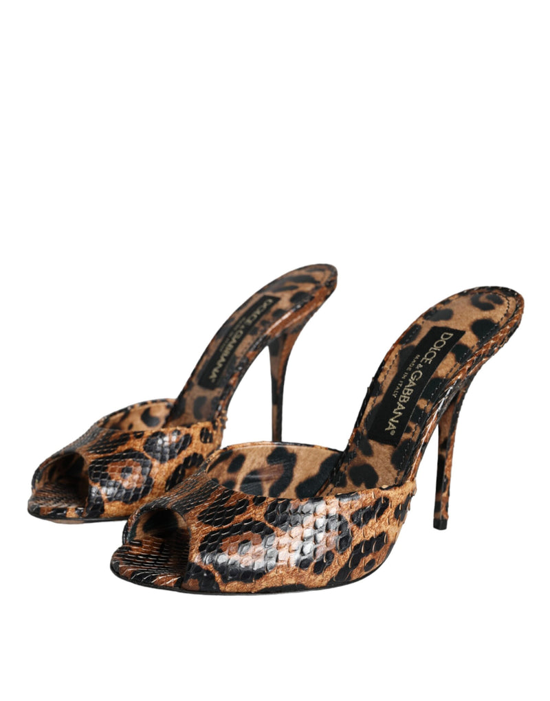 Brown Leopard Leather Slides Heels Sandals Shoes Dolce & Gabbana