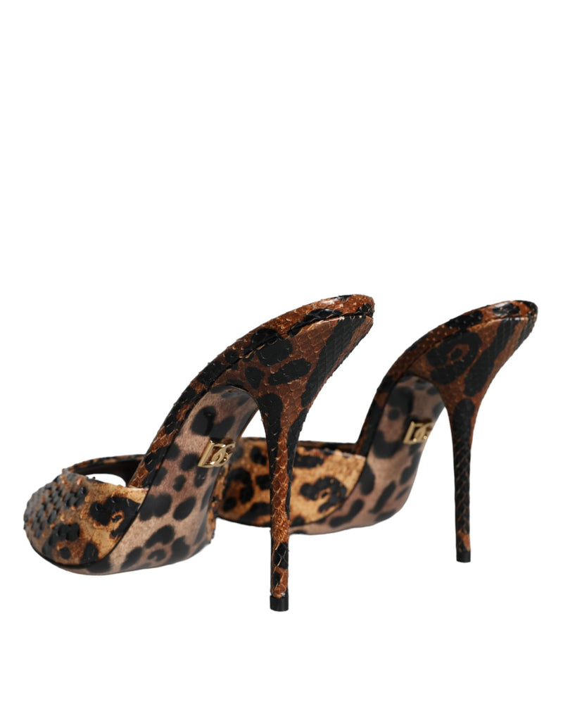 Brown Leopard Leather Slides Heels Sandals Shoes Dolce & Gabbana