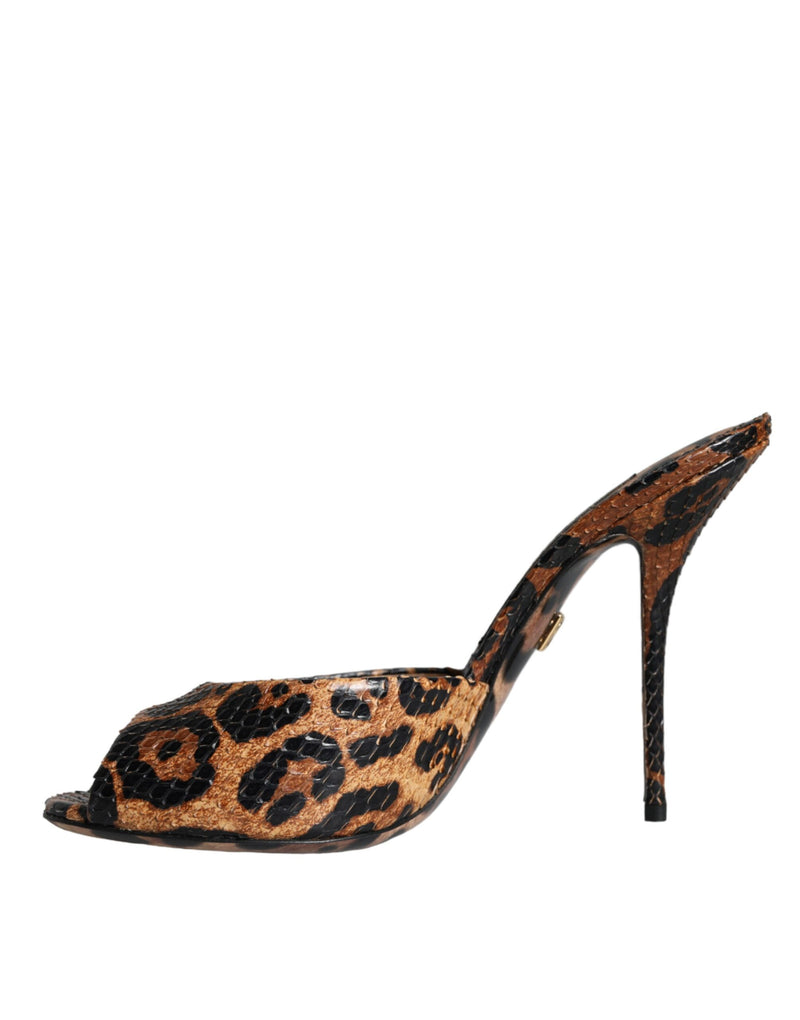 Brown Leopard Leather Slides Heels Sandals Shoes Dolce & Gabbana