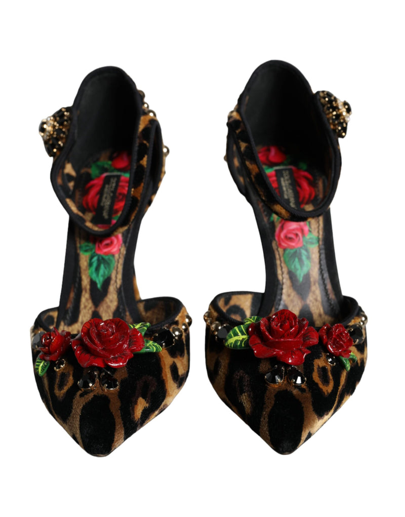 Brown Leopard Floral Crystal Ankle Strap Pumps Shoes Dolce & Gabbana