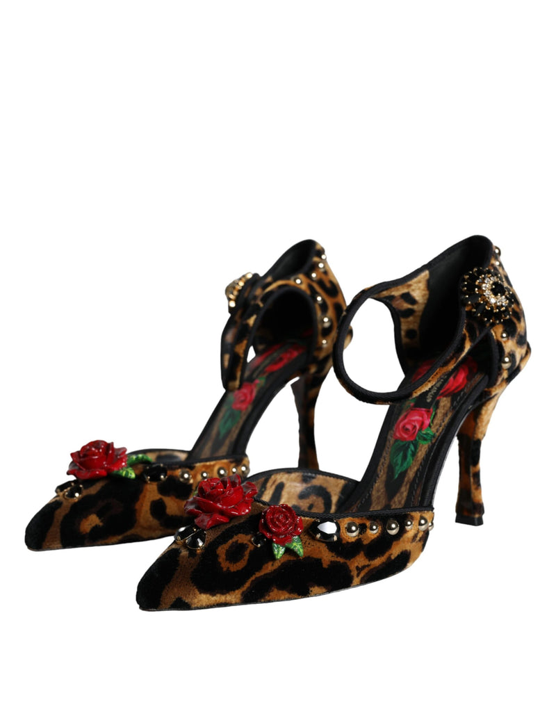 Brown Leopard Floral Crystal Ankle Strap Pumps Shoes Dolce & Gabbana