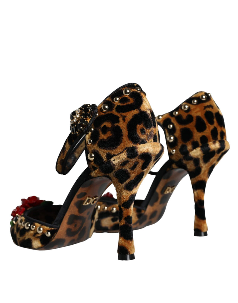 Brown Leopard Floral Crystal Ankle Strap Pumps Shoes Dolce & Gabbana