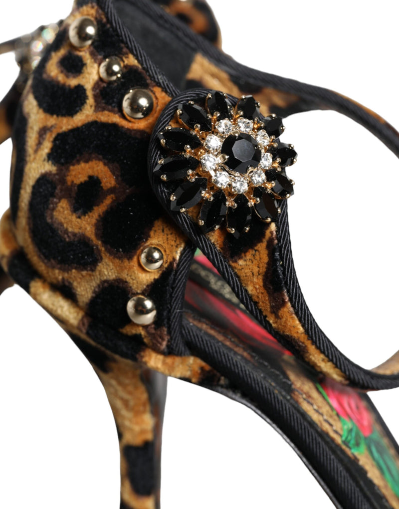 Brown Leopard Floral Crystal Ankle Strap Pumps Shoes Dolce & Gabbana