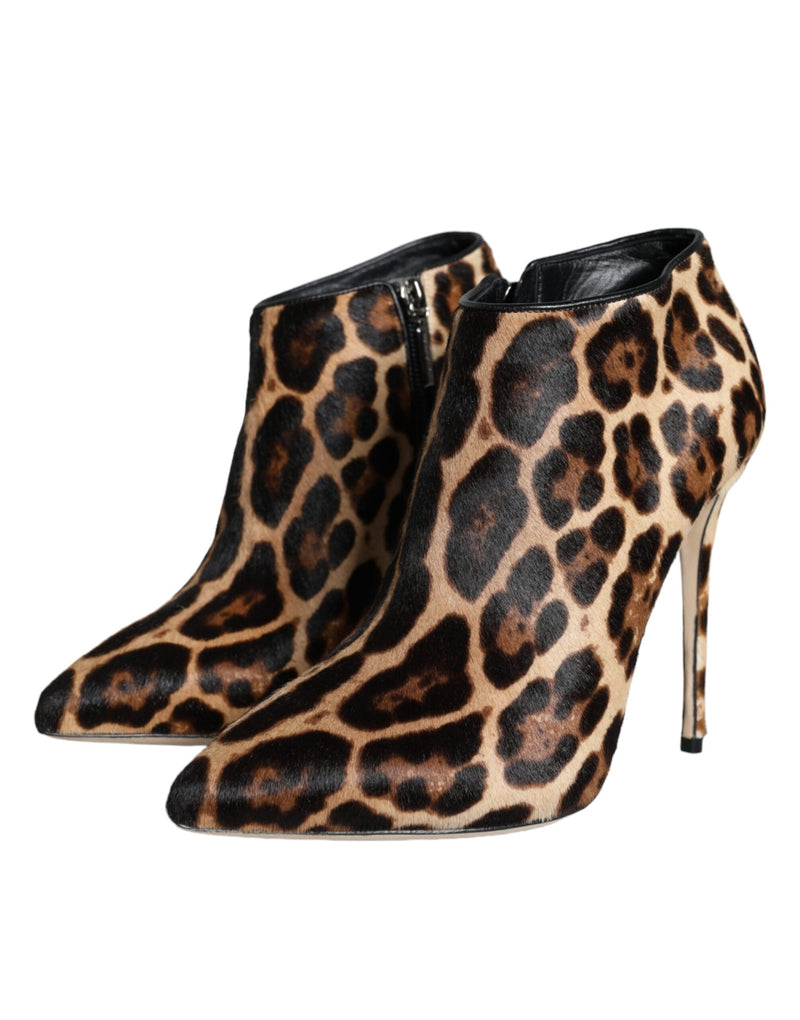 Brown Leopard Calf Fur Heels Ankle Boots Shoes Dolce & Gabbana