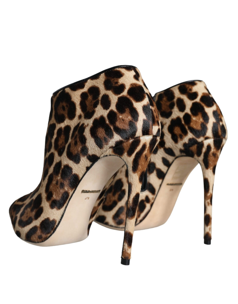 Brown Leopard Calf Fur Heels Ankle Boots Shoes Dolce & Gabbana