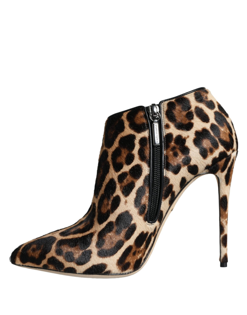 Brown Leopard Calf Fur Heels Ankle Boots Shoes Dolce & Gabbana