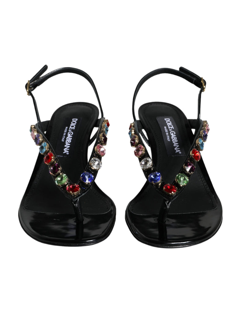 Black Leather Crystal Slingback Sandals Shoes Dolce & Gabbana